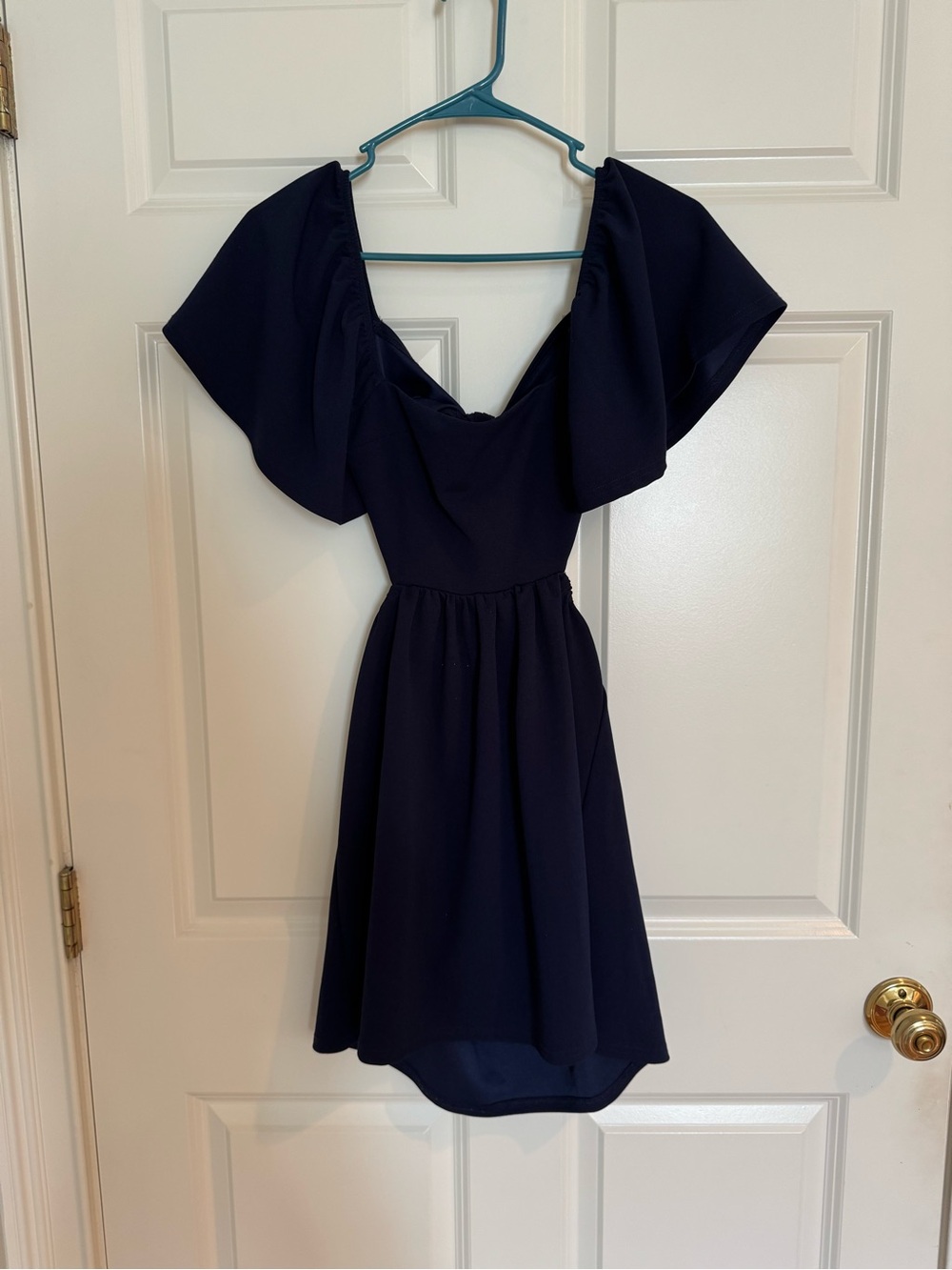Altar'd State Navy Off-the-Shoulder Flutter Dress